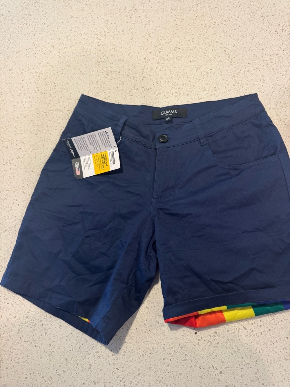 GLIMMS Men’s 29W Chino 7’ Shorts NWT Navy Blue Pride Rainbow Cuff Stretch